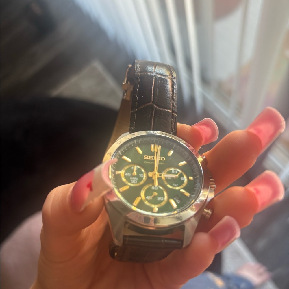 Seiko Gold and Black Dial Watch with Brown Strap